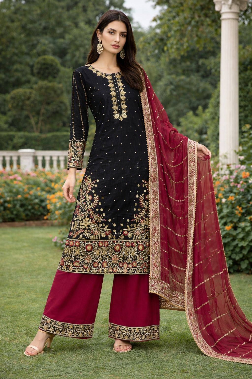 FANCY DESIGN HEAVY EMBROIDERY AND SEQUENCE WORK TOP - PLAZZO WITH  DUPATTA