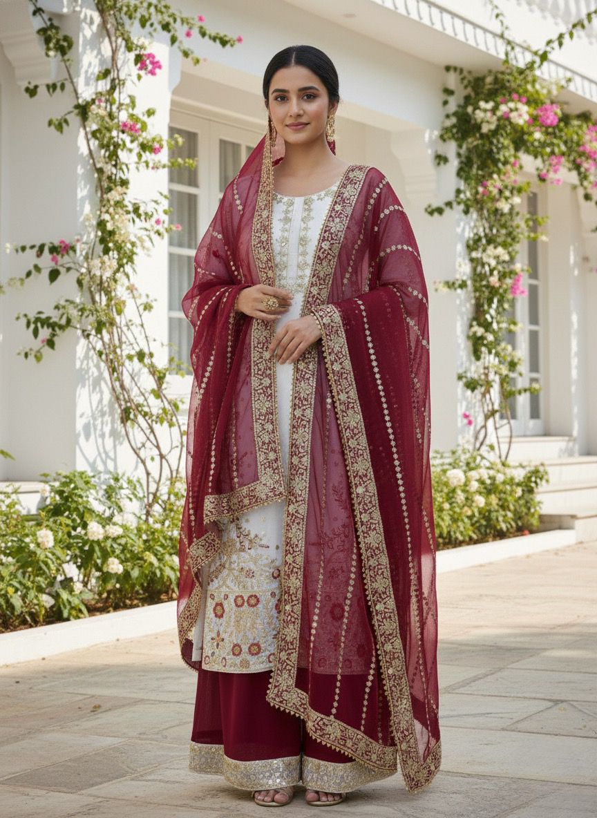 FANCY DESIGN HEAVY EMBROIDERY AND SEQUENCE WORK TOP - PLAZZO WITH  DUPATTA
