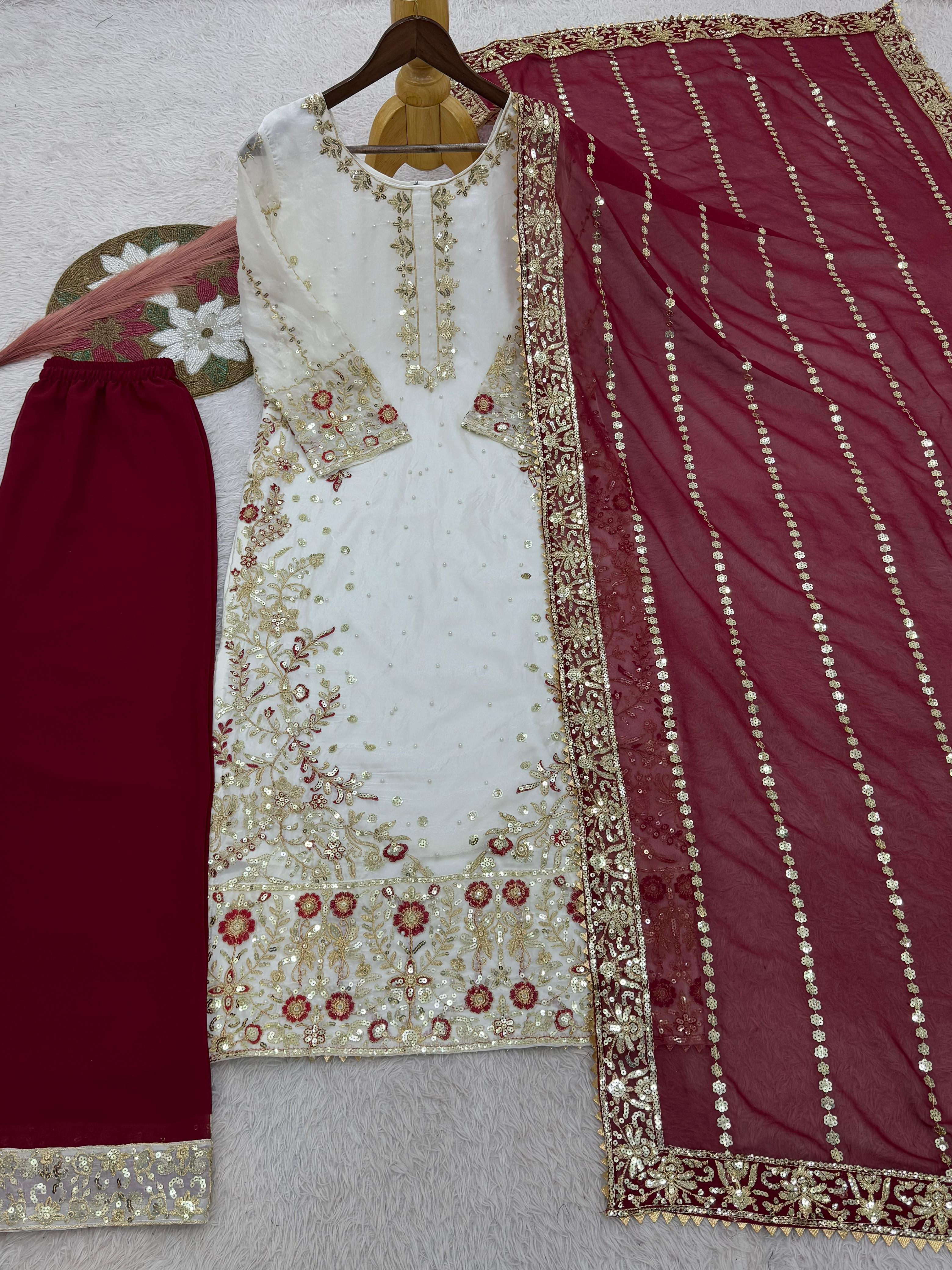 FANCY DESIGN HEAVY EMBROIDERY AND SEQUENCE WORK TOP - PLAZZO WITH  DUPATTA